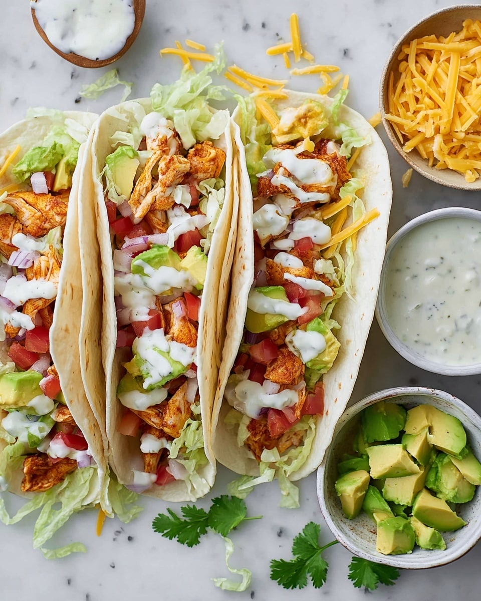 Three soft white tortillas are laid side by side, each filled with layers starting from shredded lettuce at the bottom, then diced red tomatoes and chopped avocado pieces. On top of these, there are chunks of orange-brown cooked chicken, with drizzle of white creamy sauce scattered over the chicken and layered with shredded yellow and white cheese. Surrounding the tacos are small white bowls holding more creamy sauce, yellow and white shredded cheese, and bright green diced avocado on a white marbled surface. Photo taken with an iphone --ar 4:5 --v 7