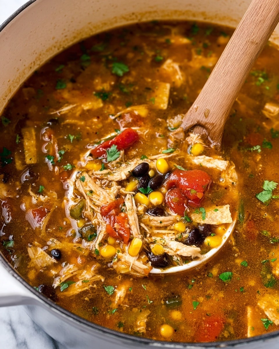 A close-up view of a pot filled with a thick soup featuring shredded light brown cooked chicken mixed with some broken yellow tortilla chips, bright yellow corn kernels, small round black beans, red tomato chunks, and bits of translucent cooked onion, all submerged in a dark orange-brown broth with visible herbs and spices. The soup is garnished with green cilantro leaves scattered on top. Inside the pot, a wooden spoon is stirring the soup, and next to it is a white ladle holding a serving of the soup, showing the mix of all these colorful ingredients. The pot rests on a white marbled surface photo taken with an iphone --ar 4:5 --v 7
