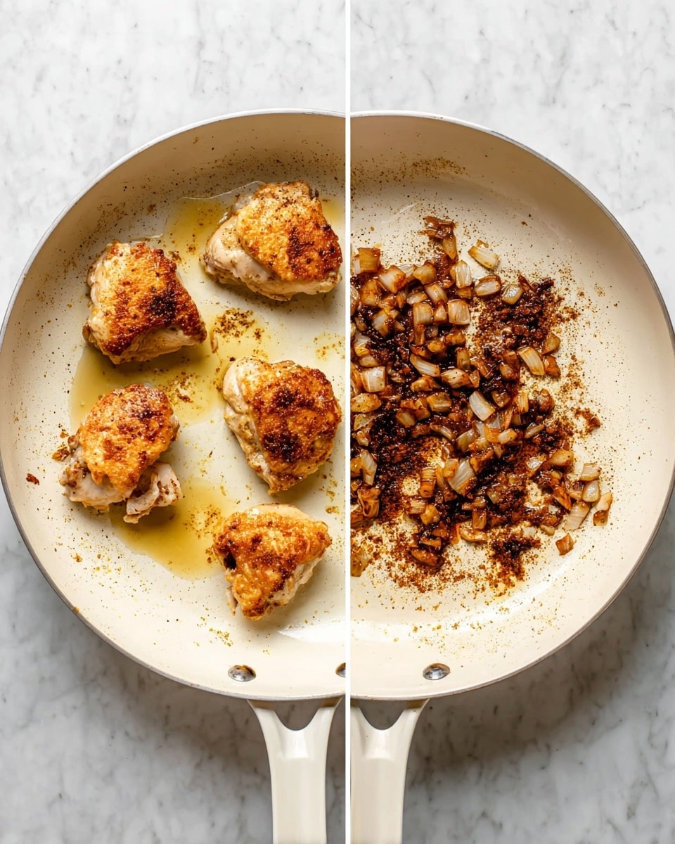 A white pan shown in two side-by-side images on a white marbled surface. On the left side, five golden brown cooked chicken pieces with a light crust are in the pan with some clear oil pools around them. On the right side, the same white pan contains small cooked onion pieces and dark brown spices spread unevenly, showing a slightly oily texture. The pan has a white handle visible at the bottom of both images. photo taken with an iphone --ar 4:5 --v 7