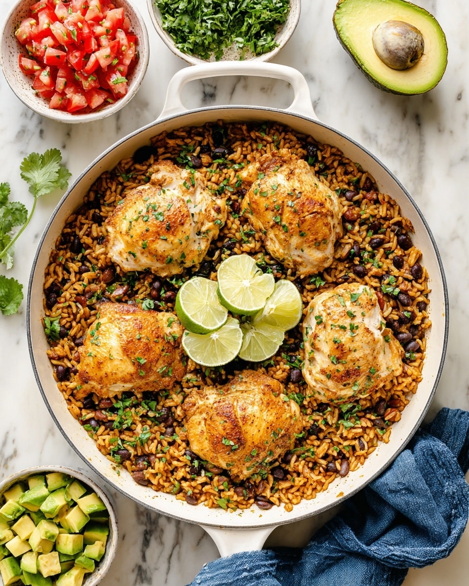 A white pan filled with a layer of brown rice mixed with black beans and green herbs, topped with five golden-brown pieces of cooked chicken evenly placed on top, sprinkled with chopped fresh cilantro. Three lime wedges are placed in the center and on the edge of the rice. Around the pan are three small white bowls containing diced red tomatoes with white onions and cilantro, cubed green avocado, and chopped leafy greens. Part of a halved avocado and a blue cloth napkin wrapped around the pan handle are also visible, all set on a white marbled surface photo taken with an iphone --ar 4:5 --v 7