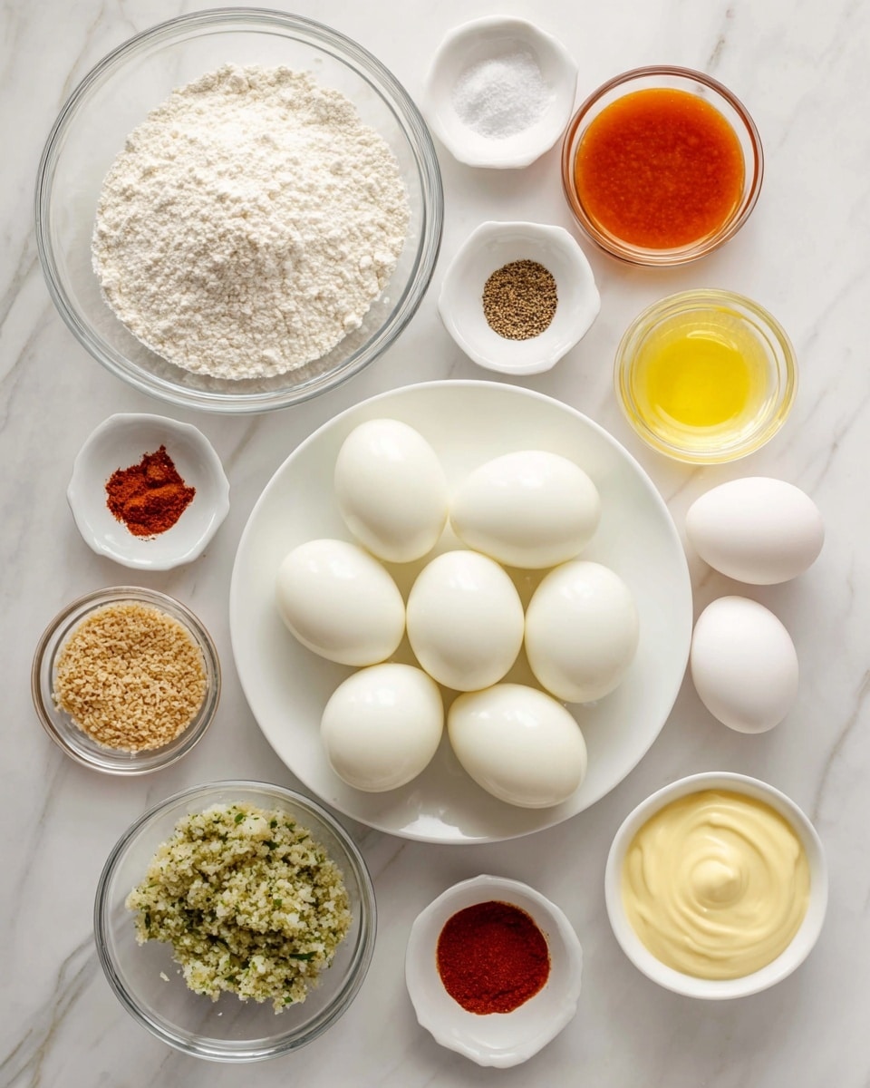 A white plate in the center holds eleven smooth, shiny hard-boiled eggs arranged close together. Around it, there are smaller glass bowls and white small containers placed on a white marbled surface. To the left, a large glass bowl is filled with white flour, and below it, another glass bowl contains light brown, coarse bread crumbs with herbs. In the middle bottom, a small glass bowl holds a green chunky mixture. To the right, there are two whole white eggs near a glass bowl with pale yellow mayonnaise. At the top right, a small glass bowl contains bright orange-red sauce, and below it, a small glass bowl contains bright yellow mustard. Several tiny white containers hold different spices, including red chili flakes, salt, black pepper, and a brown spice. The setup is neat and organized, with all ingredients visible and the white marbled surface adding a clean background photo taken with an iphone --ar 4:5 --v 7