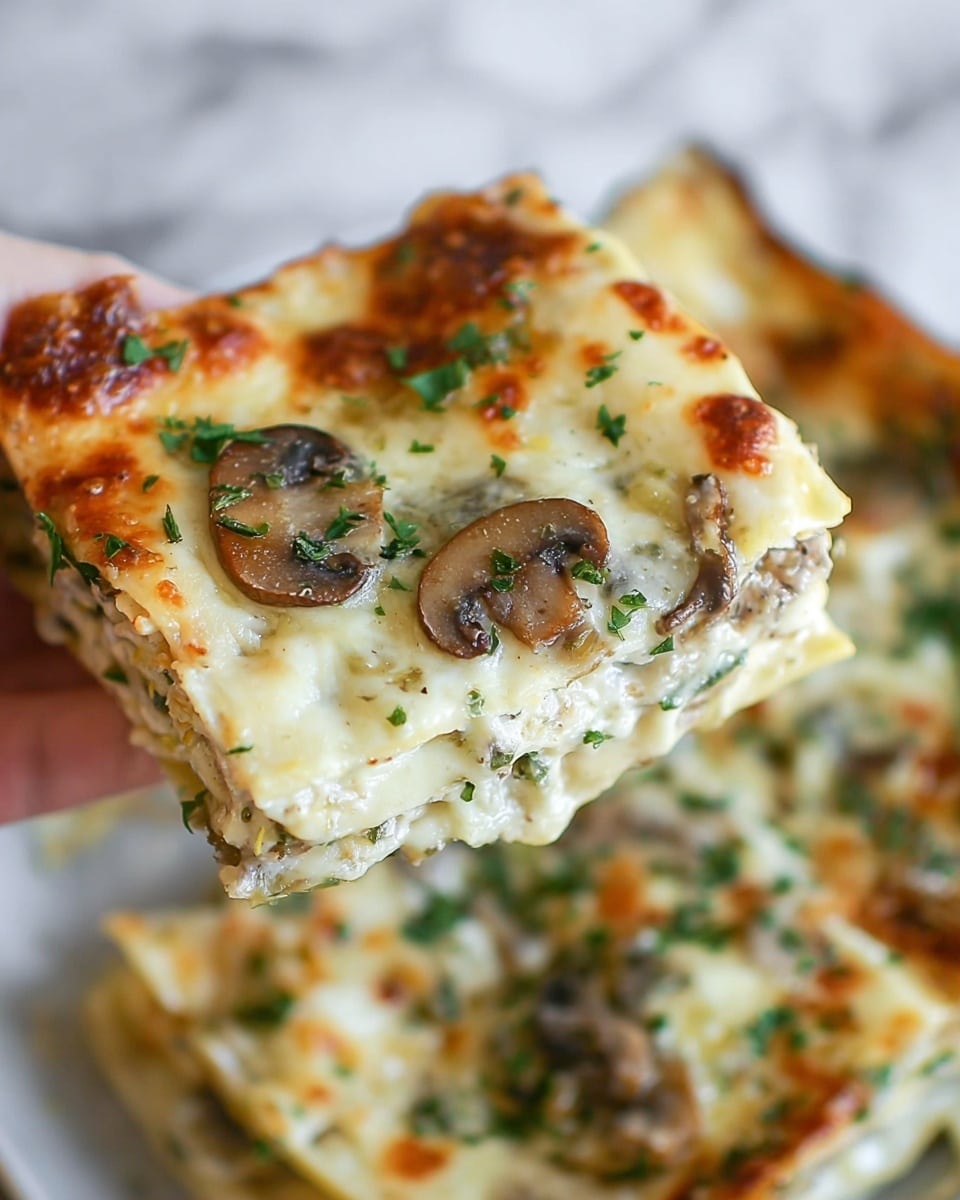 A close-up of a square piece of mushroom lasagna being held by a woman's hand. The lasagna has three visible layers: the top layer is golden melted cheese with small brown spots and green parsley sprinkled over it; the middle layer is creamy white sauce with visible slices of cooked mushrooms and green herbs; the bottom layer is made of soft pasta sheets. The lasagna piece is above a white plate with more lasagna pieces visible below. The background is a white marbled surface. Photo taken with an iphone --ar 4:5 --v 7