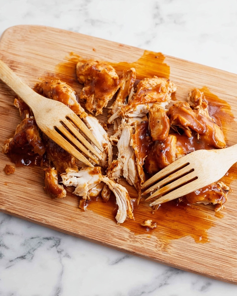 The image shows a wooden cutting board placed on a white marbled surface, holding pieces of cooked chicken coated in a brown sauce. The chicken pieces are torn apart, with some showing the juicy white meat inside and others covered in a shiny, thick brown sauce. Two light-colored forks are pressing and pulling the chicken apart, one on the left and one on the right side of the board. Sauce has spilled and spread around the chicken, creating a slightly messy but appetizing look. photo taken with an iphone --ar 4:5 --v 7