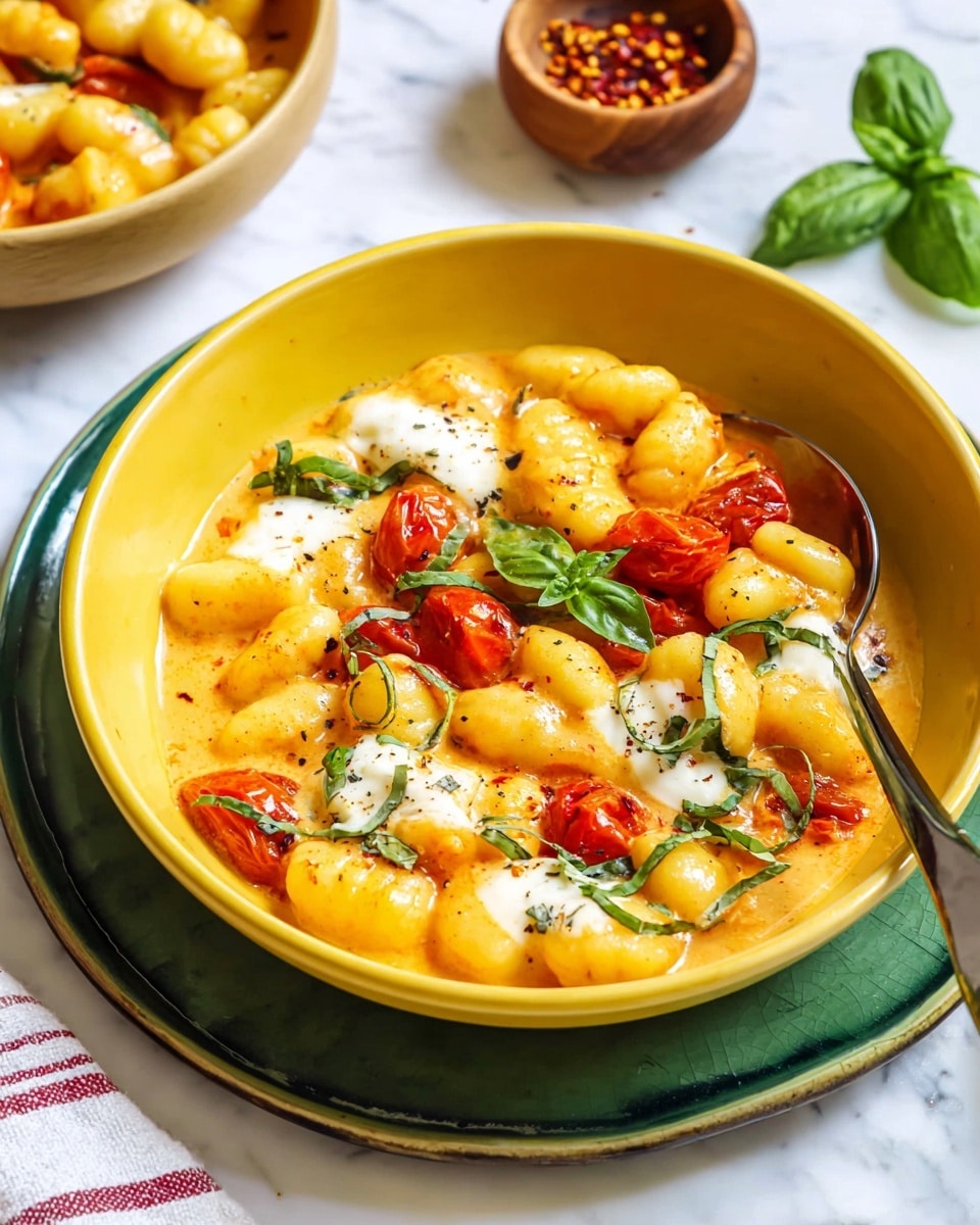 The image shows a yellow bowl filled with soft gnocchi that are light golden, mixed with bright red cherry tomatoes and dollops of white melted cheese. There are fresh green basil leaves scattered on top, adding a pop of color. The gnocchi sit in a creamy orange sauce that looks smooth and shiny. A silver spoon is placed on the right side inside the bowl. The yellow bowl is on top of a green plate, all placed on a white marbled surface. In the background, there is a small wooden bowl with red chili flakes and another yellow bowl with more gnocchi. A striped cloth and a white napkin are partly visible at the front. Photo taken with an iphone --ar 4:5 --v 7