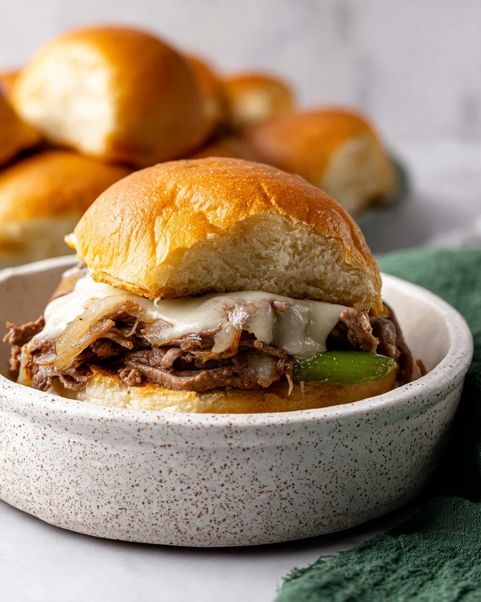 A sandwich with a soft, shiny light brown bun that is slightly open showing its fluffy white inside on top. Inside the sandwich are thin slices of cooked beef with a slightly browned texture, a cooked green pepper slice on the right side, and a few pieces of grilled light brown onion visible on the top. Melted white cheese drapes over the beef and edges of the bun, creating a soft, creamy layer. The sandwich sits in a shallow white speckled dish, with more sandwiches blurred in the background, resting on a white marbled surface with a green cloth nearby. Photo taken with an iphone --ar 4:5 --v 7