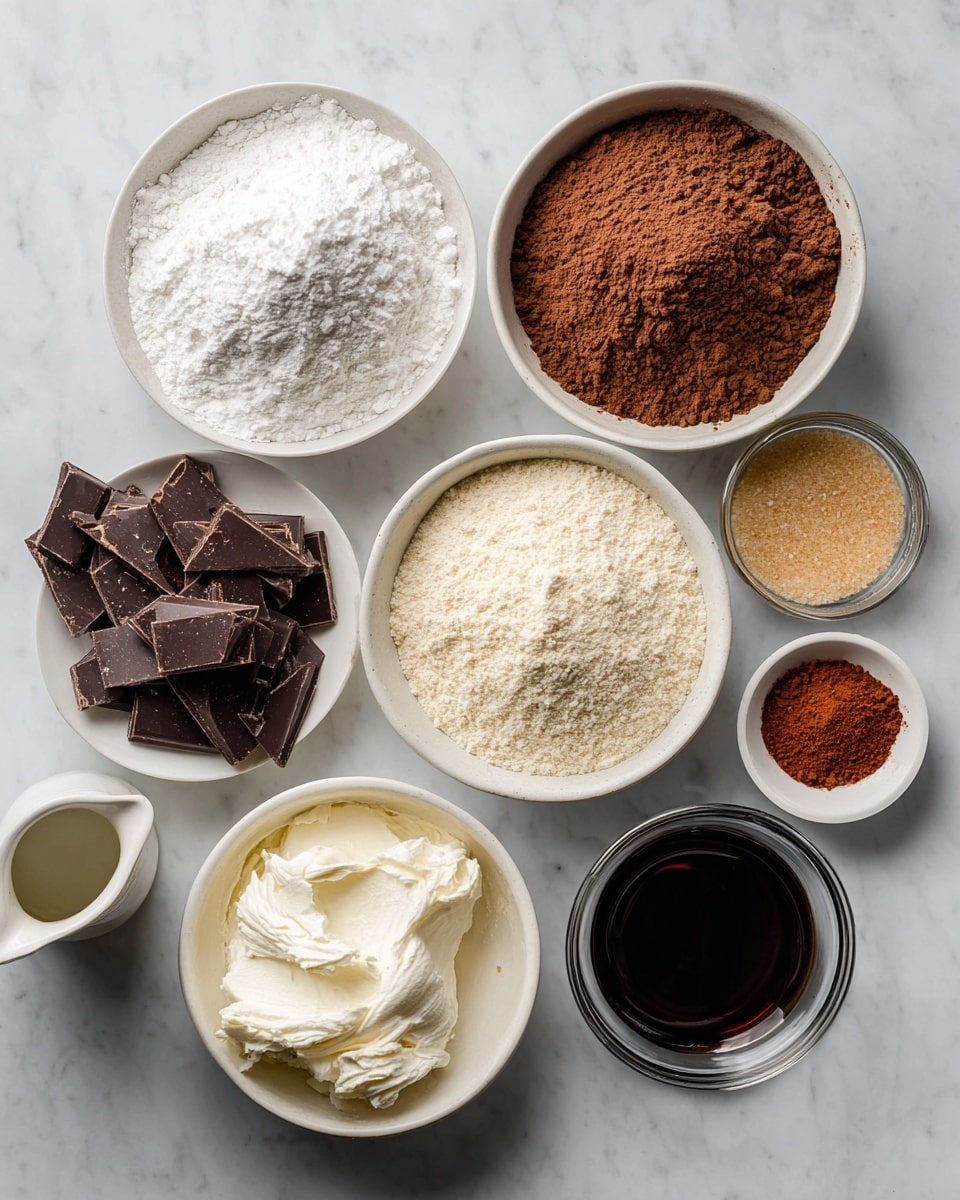 The image shows eight white bowls and one small white pitcher arranged on a white marbled surface. Starting from the top left, there is a bowl filled with white powder, next to it on the right is a bowl filled with brown cocoa powder. Below the cocoa powder is a bowl with light brown granulated sugar. To the left of the sugar is a bowl with small pieces of dark chocolate stacked loosely. Below the chocolate, there is a bowl with a thick white cream or frosting. To the left of the cream is a bowl packed with light beige flour or a similar dry ingredient. Above the cream toward the bottom right is a small glass bowl with a dark liquid, which could be vanilla extract. Above the dark liquid, there is another small glass bowl containing a reddish-brown powder, possibly cinnamon or a spice. To the left of the bowls is a small white pitcher with a light beige liquid inside. The setup looks clean and ready for baking photo taken with an iphone --ar 4:5 --v 7