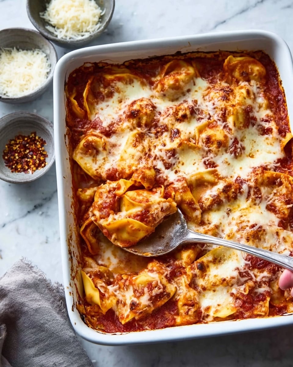 The image shows a white rectangular baking dish filled with layers of tortellini pasta covered in a rich red tomato sauce and topped with melted golden-brown cheese that looks bubbly and slightly browned in spots. A silver spoon lifts a serving from the dish, revealing the stuffed pasta beneath the cheese layer. The surface under the dish is a white marbled texture, and there are small bowls containing red pepper flakes and grated cheese nearby. A woman's hand is holding the spoon. photo taken with an iphone --ar 4:5 --v 7