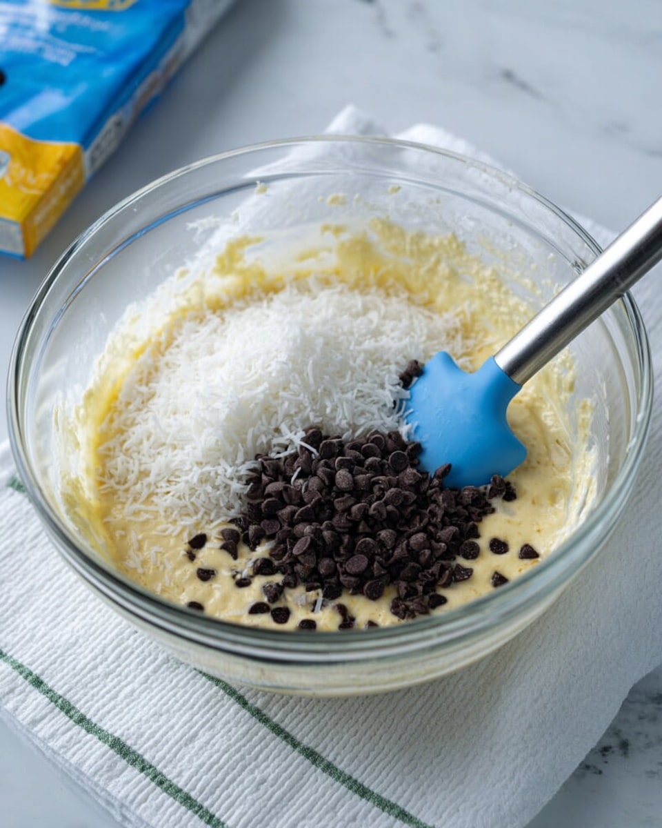 The image shows a clear glass bowl sitting on a white marbled surface with a white towel underneath that has green stripes. Inside the bowl, there is a creamy light yellow batter at the bottom. On top of the batter, there are two separate piles: one of shredded white coconut on the left side and one of small dark brown chocolate chips on the right side. A blue silicone spatula with a silver handle rests inside the bowl, slightly covered with batter. In the background, some blurry blue and yellow packaging can be seen. photo taken with an iphone --ar 4:5 --v 7
