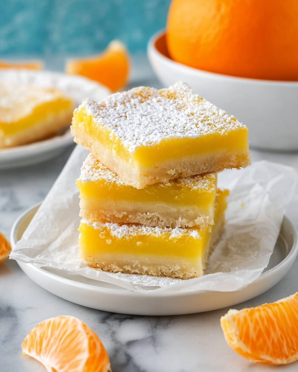 The image shows three square lemon bars stacked on a white plate lined with white parchment paper. Each bar has two layers: a light yellow top layer with a soft texture dusted with powdered sugar, and a pale, slightly crumbly bottom crust. The plate is surrounded by some peeled orange segments and a white bowl with a whole orange in the background. The surface beneath everything is a white marbled texture. photo taken with an iphone --ar 4:5 --v 7