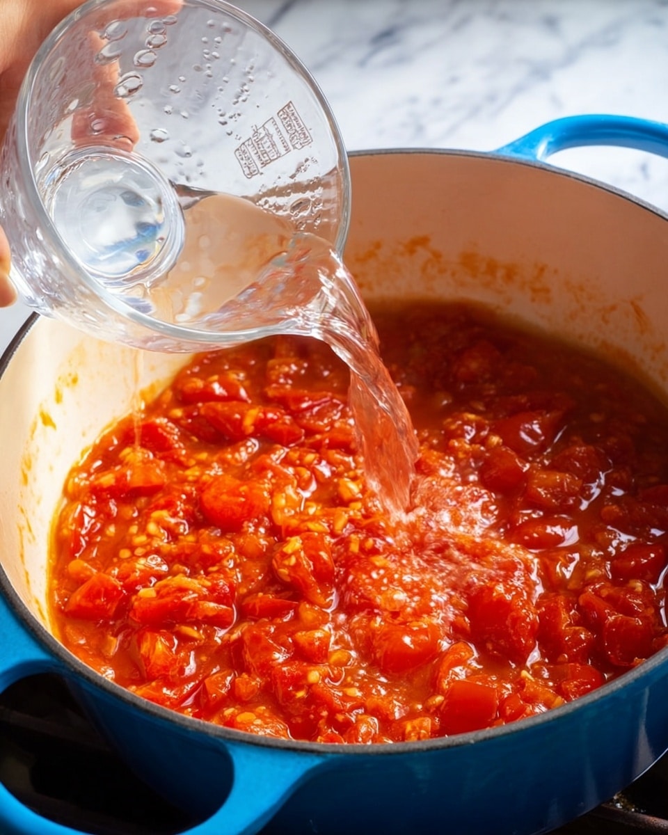 A white pot with a blue outside is filled with a chunky red sauce made of tomatoes and small bits of garlic. Woman's hand is pouring clear water from a clear glass cup into the sauce, causing some splashes on the sauce's bright red and orange surface. The pot sits on a white marbled surface, and the tomato sauce looks thick and rich with visible tomato pieces. Photo taken with an iphone --ar 4:5 --v 7