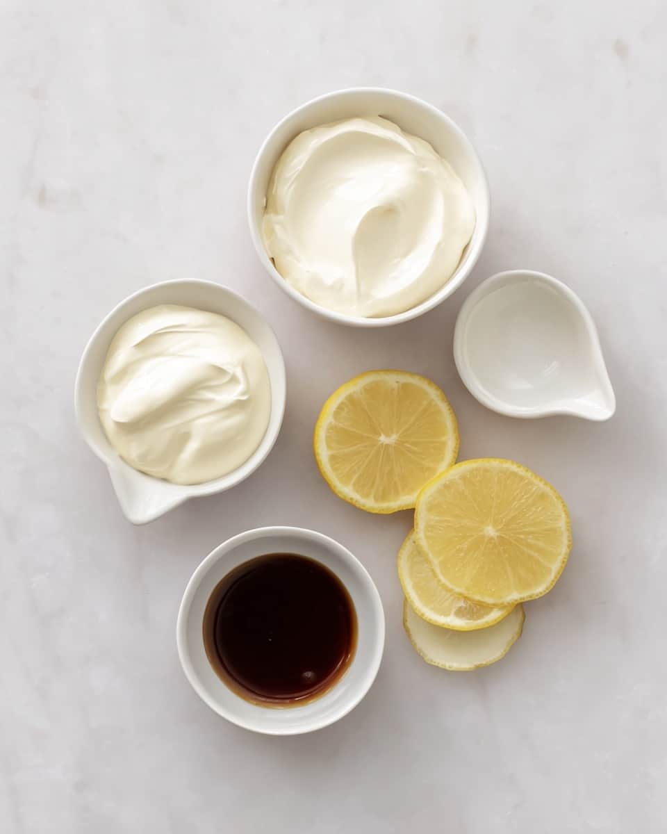 The image shows five items arranged on a white marbled surface. At the top center, there is a white bowl filled with smooth white cream. Below it, slightly to the left, sits a smaller white bowl also filled with thick white cream. To the right of this bowl are two lemon halves with a bright yellow peel and juicy pale yellow inside, placed side by side. Below the lemons on the right side, there is a white bowl filled with a dark brown liquid that looks smooth. Lastly, near the bottom left corner, there is a small empty white bowl with a slight shine. The overall look is clean and simple, with all bowls being white and the colors soft and natural. photo taken with an iphone --ar 4:5 --v 7