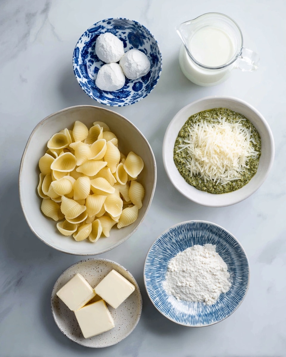 The image shows six bowls and a glass jug with ingredients arranged on a white marbled surface. The largest bowl, placed at the bottom left, is filled with yellow pasta shells that have a smooth texture. Above it to the left is a small blue and white patterned bowl holding three white powders arranged in separate small piles. To the right of the pasta bowl is a white bowl with fine grated white cheese. Above it, slightly left, is a small white bowl with green pesto sauce, which appears thick and textured. Below the grated cheese bowl is a small white speckled plate holding three pale yellow cubes of butter. At the bottom right, a blue and white patterned bowl contains white flour with a soft, powdery texture. The glass jug beside the pasta bowl is filled with white milk. All the bowls are placed on a clean white marbled surface. photo taken with an iphone --ar 4:5 --v 7