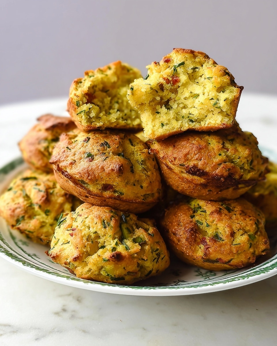 A stack of round savory muffins displayed on a white plate with green patterns on its edge, placed on a white marbled surface. The muffins have a golden brown crust with hints of darker browned spots and green flecks mixed throughout the dough, suggesting herbs or vegetables. One muffin is broken in half and placed on top of the stack, showing a soft, crumbly inside with a yellowish color and visible bits of green and red, likely from the added ingredients. The overall look is rustic and textured, with the muffins piled closely together, emphasizing their fluffy and moist interior. photo taken with an iphone --ar 4:5 --v 7