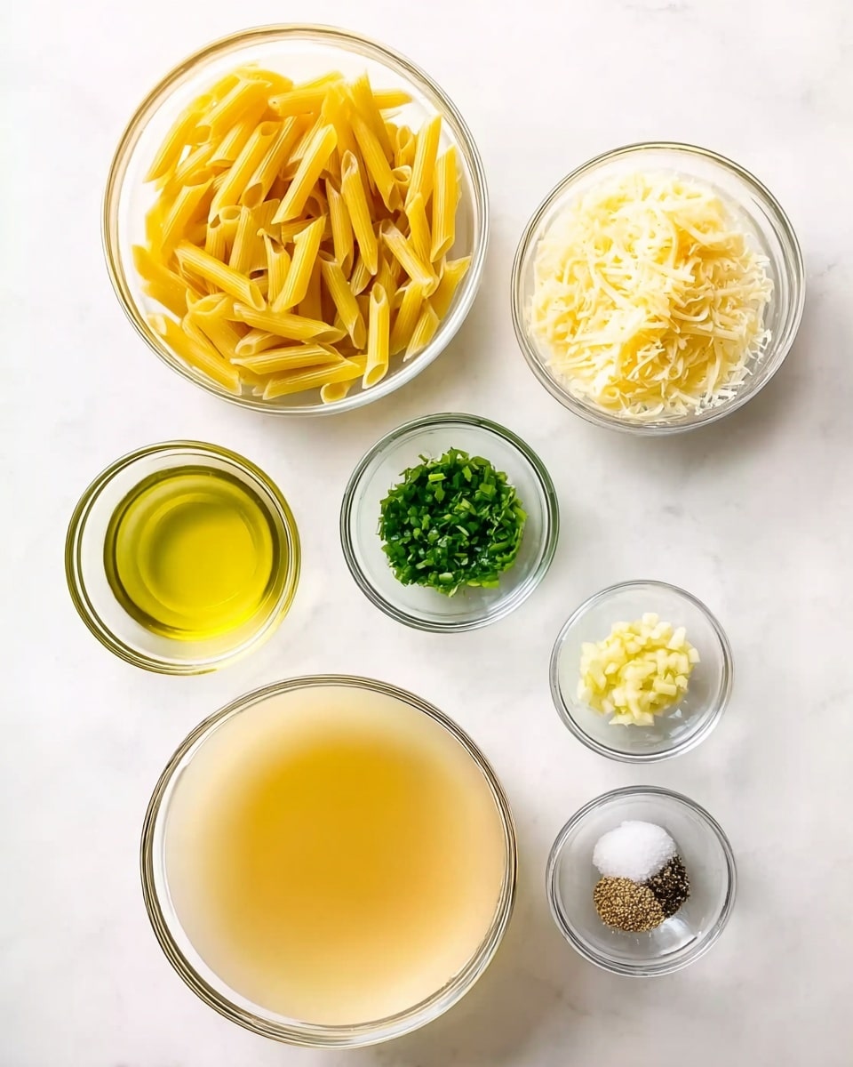 A white marble surface holds seven clear glass bowls of different sizes arranged neatly in a grid. The largest bowl at the top left contains yellow uncooked penne pasta, looking smooth and shiny. To the top right, a smaller bowl holds finely grated pale yellow cheese with a fluffy texture. Below the pasta bowl is a large bowl filled with light golden broth, clear and smooth. To the right of the broth, three small bowls are stacked vertically: the top contains bright green chopped herbs, the middle has finely minced light yellow garlic, and the bottom shows a small mix of black and white salt and pepper. Near the bottom left corner is a medium bowl with clear liquid, likely oil, smooth and shiny. The backdrop is a clean white marbled texture. Photo taken with an iphone --ar 4:5 --v 7