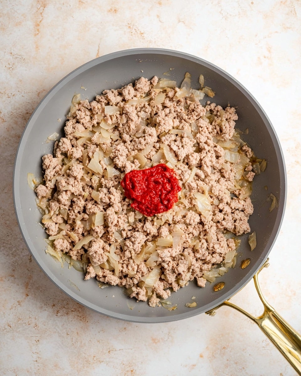 A large gray frying pan sits on a white marbled surface, filled with one layer of cooked ground meat mixed with small pieces of translucent cooked onion, both spread evenly. In the center of the pan, there is a small dollop of bright red tomato paste resting on top of the meat and onions. The meat is light brown and crumbly while the onions have a soft, slightly yellow tint. The pan has two gold-colored handles on each side. photo taken with an iphone --ar 4:5 --v 7