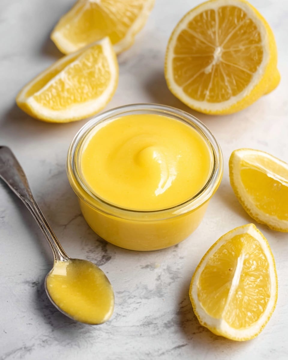 A small clear glass bowl filled with smooth, thick, bright yellow lemon curd sits centered on a white marbled surface. Around the bowl, several lemon halves and slices show their vibrant yellow flesh and shiny textured rind. A silver spoon with some lemon curd on it lies beside the bowl, reflecting light softly. The whole image has a fresh, clean feel with the bright yellows contrasting against the cool white background. photo taken with an iphone --ar 4:5 --v 7