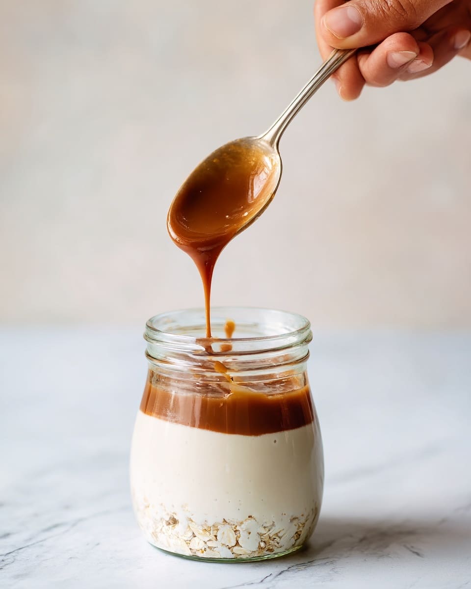 A clear glass jar is filled with a creamy white liquid mixed with small pieces of oats at the bottom, creating a soft texture. Above the jar, a silver spoon held by a woman’s hand drips a smooth, thick brown sauce with a shiny surface, slowly falling into the jar. The whole scene is set against a white marbled background that adds brightness and simplicity to the image. photo taken with an iphone --ar 4:5 --v 7