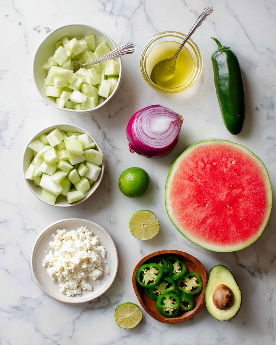 The image shows fresh ingredients neatly arranged on a white marbled surface. At the top right, there is a bright red watermelon cut in half showing its juicy inside with a thin green rind. Below the watermelon, a small clear glass bowl holds a yellow-green liquid with a silver spoon resting inside. To the left of that bowl, a white bowl is filled with chopped pale green cucumber pieces. Near the bottom center, a white plate holds a pile of white crumbled cheese. Next to that, a small round wooden bowl contains bright green sliced jalapeños with visible seeds. Near the bottom left, a halved green avocado with a large brown seed is placed, along with a halved red onion showing its rich purple layers. A whole green jalapeño sits beside the onion, and a whole lime along with a lime half are near the glass bowl, adding vibrant green shade to the image. photo taken with an iphone --ar 4:5 --v 7