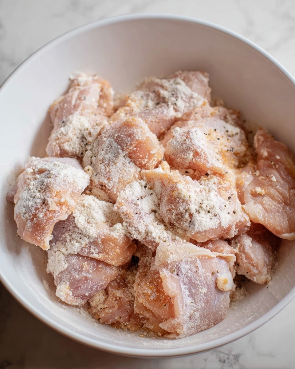 A white bowl filled with several pieces of raw chicken covered in a light layer of white flour and some black pepper specks, showing a mix of pink and pale orange colors from the chicken skin and flesh underneath the flour, all sitting on a white marbled surface photo taken with an iphone --ar 4:5 --v 7
