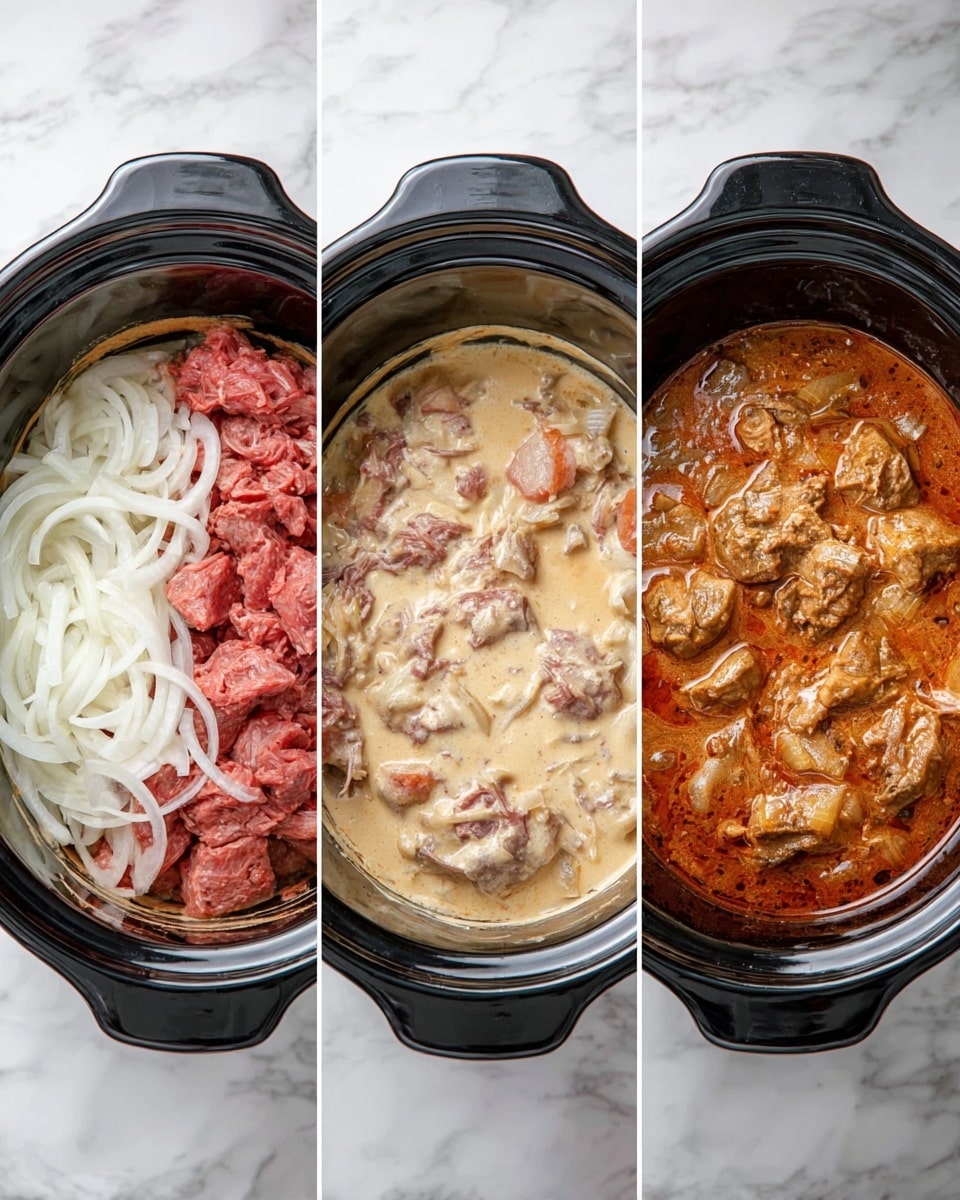 The image shows three black slow cooker pots on a white marbled surface side by side. The first pot contains three layers: a bottom layer of white onion slices, stacked with a large portion of raw red meat chunks on one side, and a creamy beige sauce covering part of the meat and onions. The middle pot has a single mixed layer of meat, onions, and sauce, all combined and covered evenly in a creamy light beige color with red and white pieces showing through. The last pot shows the same ingredients fully cooked in a rich, reddish-brown sauce with tender meat chunks and onion slices spread throughout, creating a thick stew texture. photo taken with an iphone --ar 4:5 --v 7