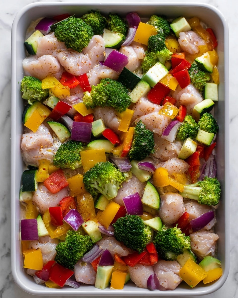 A close-up view of a white tray filled with raw chicken pieces mixed with fresh vegetables. The dish has visible layers of light pink chicken chunks, bright green broccoli florets, and a mix of chopped bell peppers in red, yellow, green, and orange. There are also pieces of purple onion and small cubes of light green zucchini. All items are evenly spread, showing a mix of rough and smooth textures with a light seasoning sprinkled over them. The tray sits on a white marbled surface. photo taken with an iphone --ar 4:5 --v 7