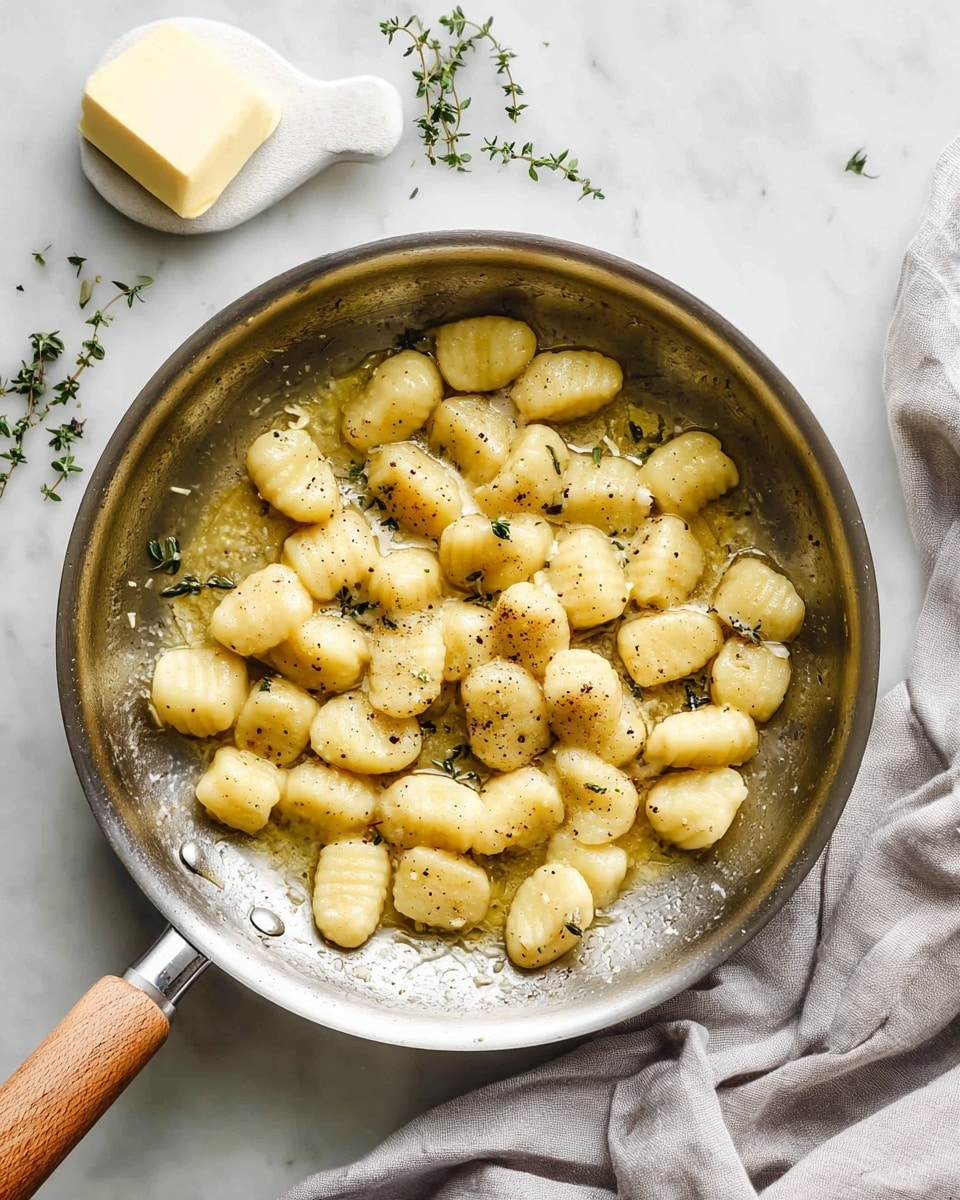 A silver frying pan with a wooden handle holds about forty pieces of small, pale yellow gnocchi cooking in melted butter mixed with herbs and black specks of pepper. The gnocchi pieces are plump, slightly shiny, and arranged loosely inside the pan. A small white ceramic spoon holds a small block of butter and sits near the top left of the image on a white marbled surface. To the right, a light gray cloth with soft folds lies partially in view. Tiny green herb sprigs are scattered on the white marbled surface around the pan. photo taken with an iphone --ar 4:5 --v 7