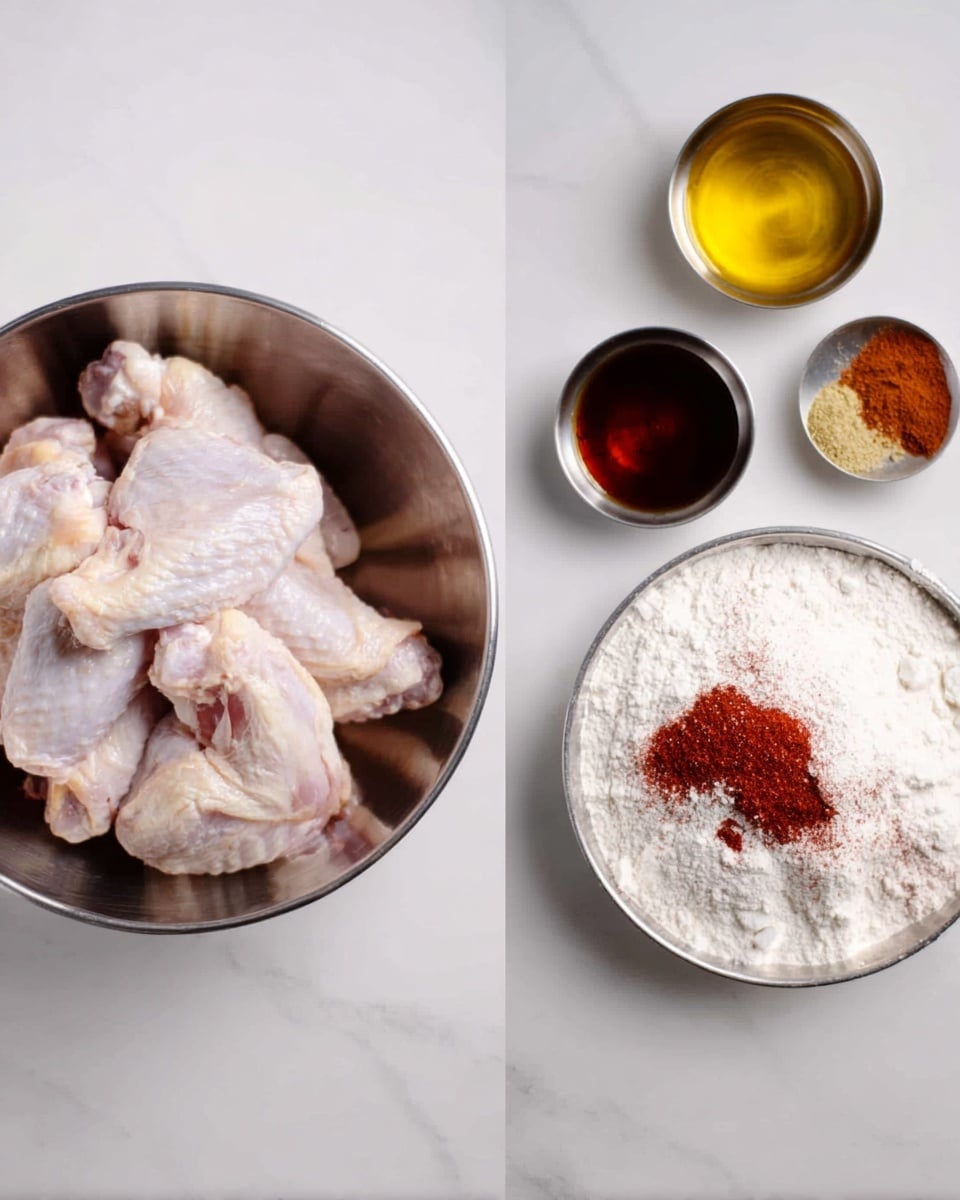 The image shows two parts side by side on a white marbled surface. On the left side, there is a large silver bowl filled with raw chicken wings that are pale pink with some white skin. Around the bowl, there are three small silver bowls with different sauces and spices: one contains a dark brown liquid, one has a yellow mustard-like sauce, and one holds red and light brown powdered spices. On the right side, there is a silver bowl filled mostly with white flour, with some red and light brown powdered spices on top forming a small pile on one side of the bowl. photo taken with an iphone --ar 4:5 --v 7