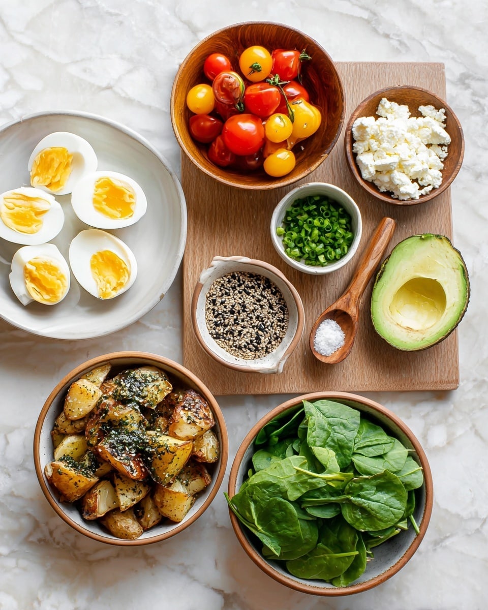 A top view of several dishes arranged on a white marbled surface with a wooden board in the center. On the board, there is a small wooden bowl filled with red, yellow, and orange cherry tomatoes, a small white bowl with chopped green chives, a small brown bowl with crumbled white cheese, a small wooden spoon with minced garlic, and a small white bowl with black and white sesame seeds. To the left of the board, a white plate holds three peeled hard-boiled eggs and a halved avocado with bright green flesh facing up. To the right and below the board, two round bowls contain food: one bowl is filled with roasted potato pieces seasoned with black sesame seeds, and the other bowl holds fresh green spinach leaves. Photo taken with an iphone --ar 4:5 --v 7